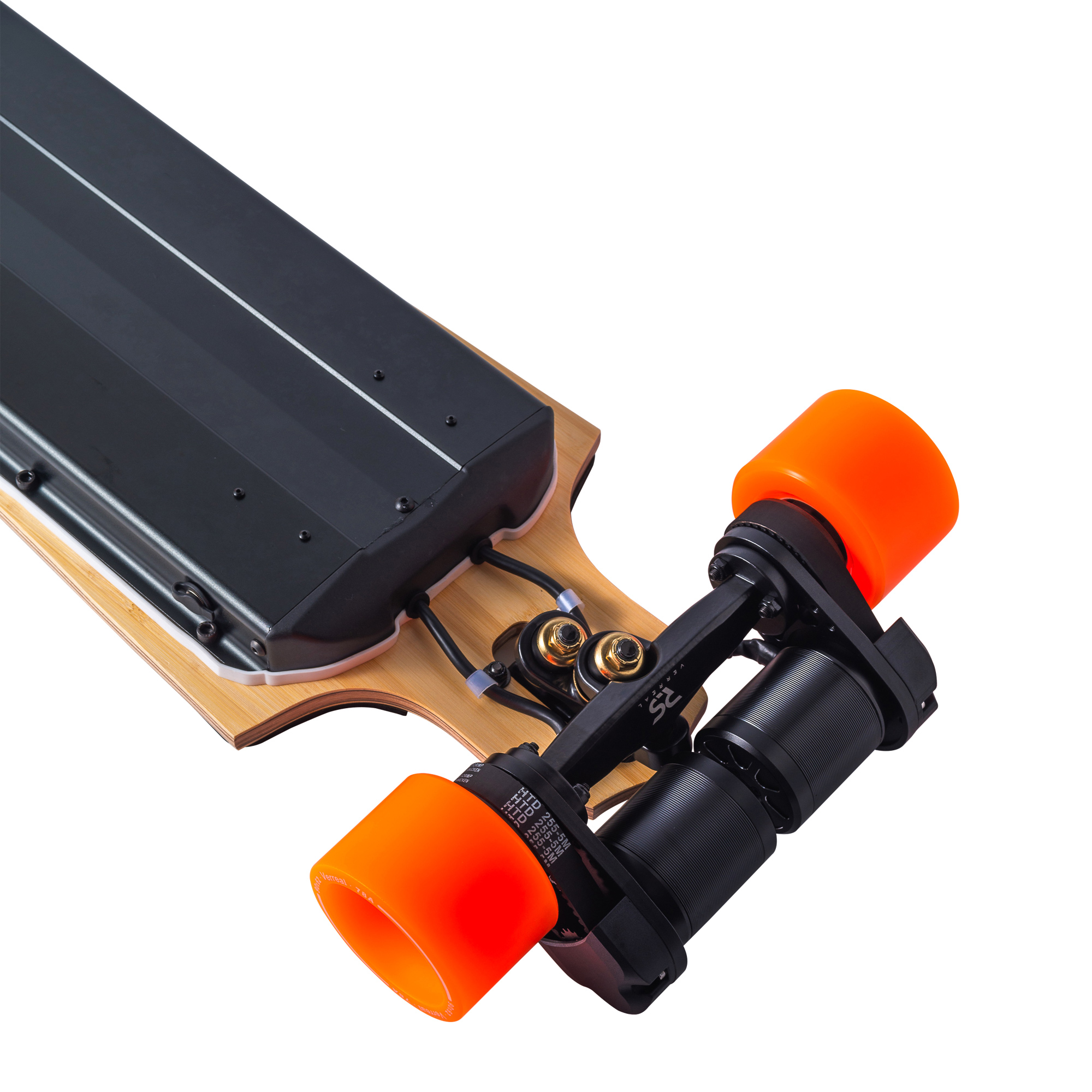 Belt drive electric skateboard — exposed motors, belts and pulleys clearly visible
